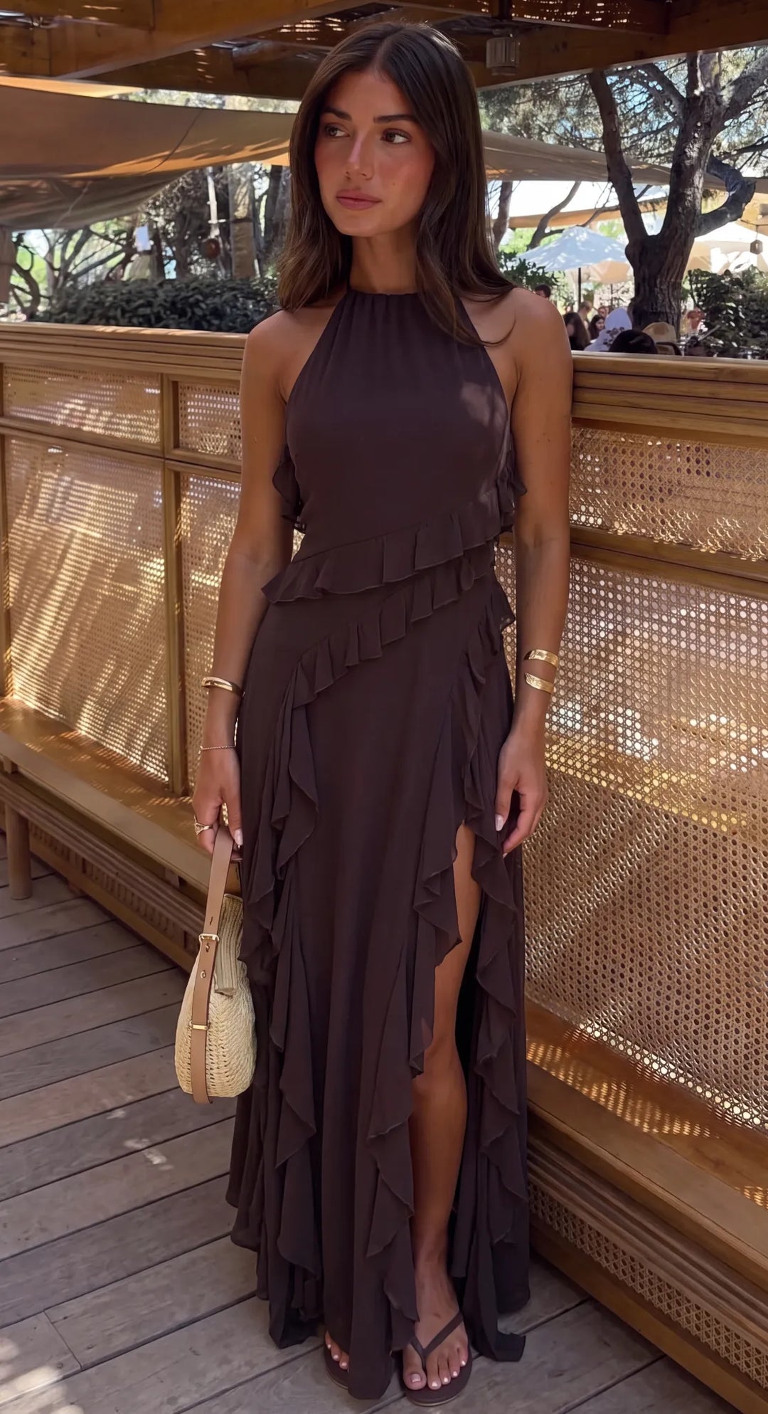 Women's Elegant Ruffle Maxi Wedding Guest Dress with Slit