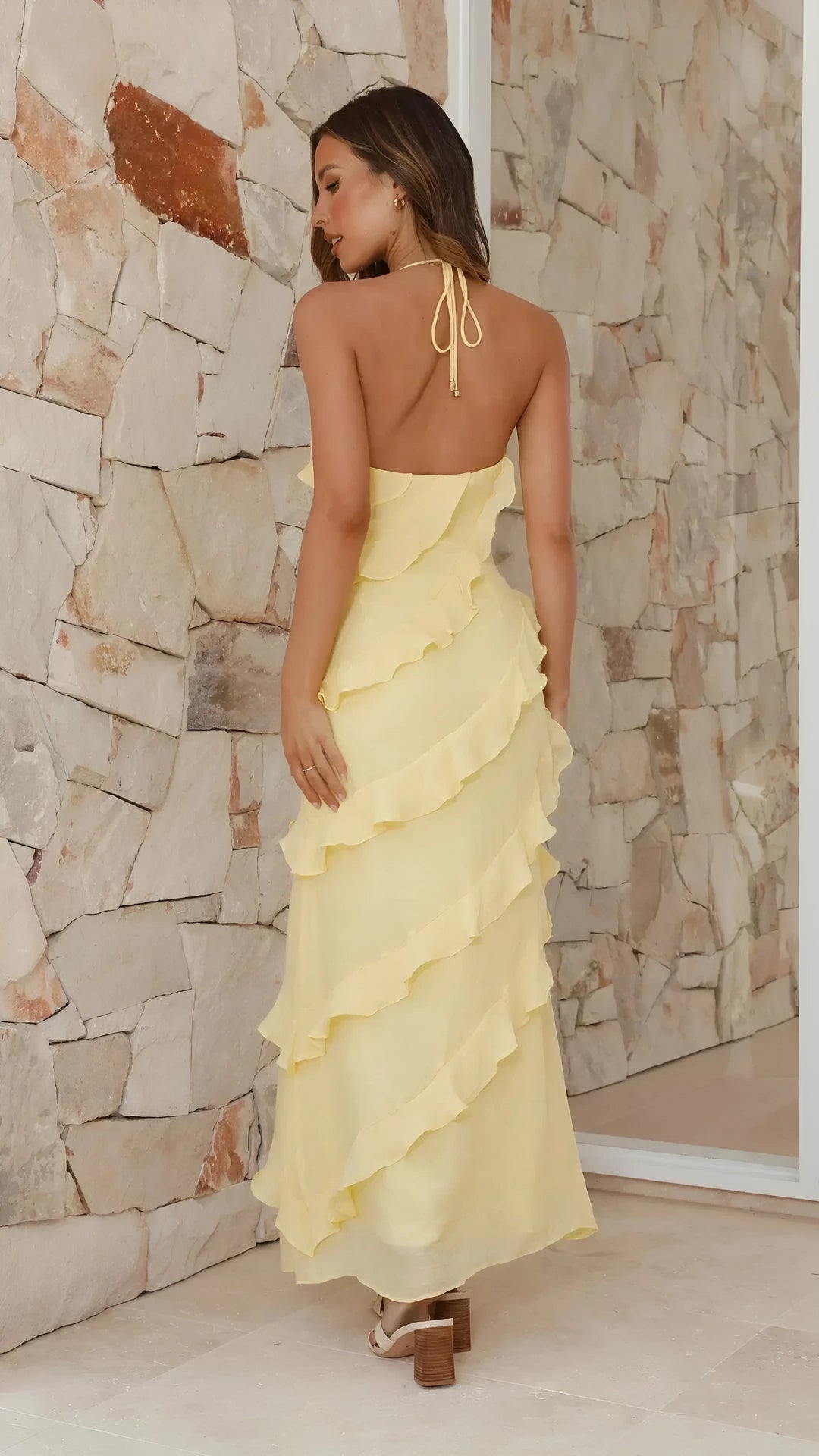 Women's Elegant Ruffle Maxi Wedding Guest Dress with V-Neck