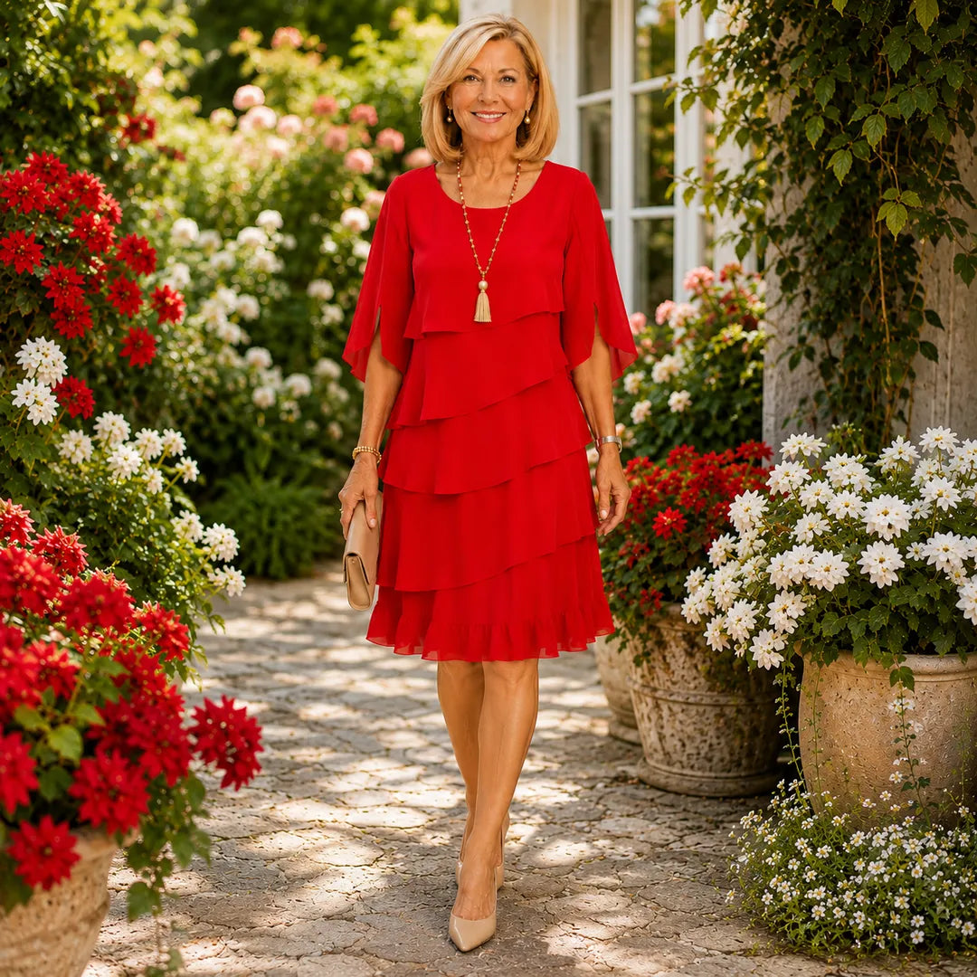 Women's Elegant Ruffle Midi Wedding Guest Dress with Flutter Sleeves