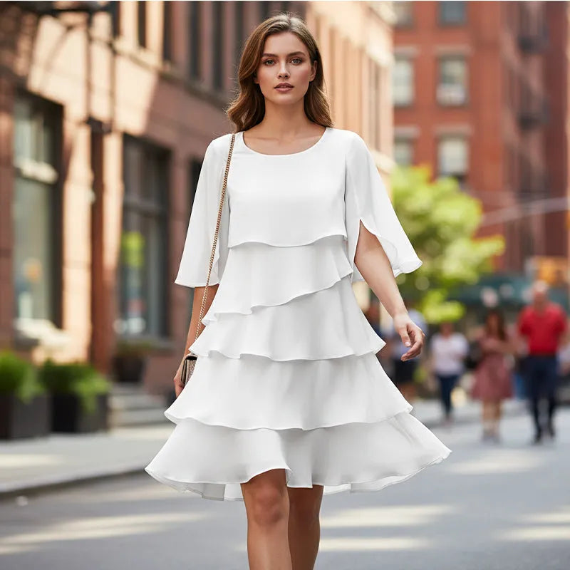 Women's Elegant Ruffle Mini Wedding Guest Dress with Scoop Neck