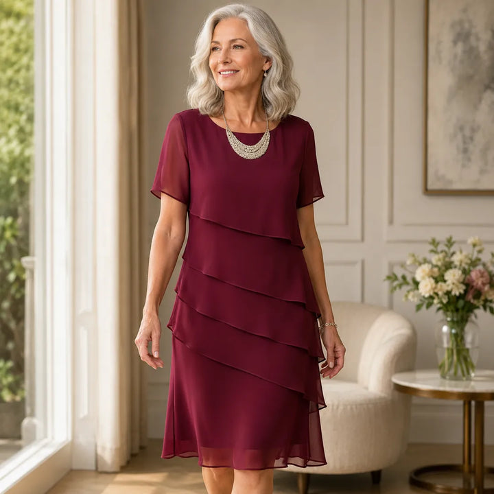 Women's Elegant Ruffle Midi Wedding Guest Dress with Scoop Neck