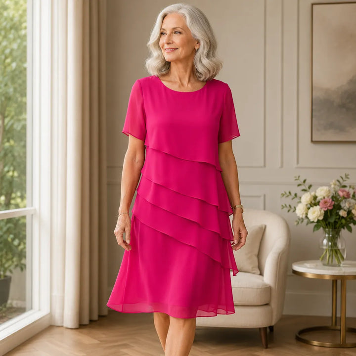 Women's Elegant Ruffle Midi Wedding Guest Dress with Scoop Neck
