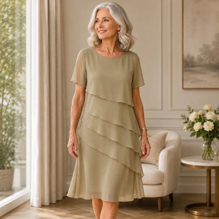 Women's Elegant Ruffle Midi Wedding Guest Dress with Scoop Neck