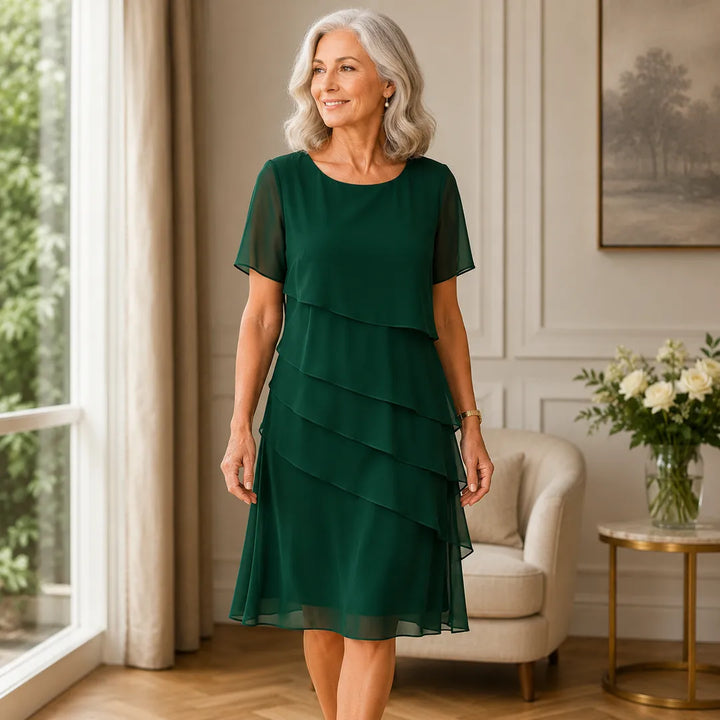 Women's Elegant Ruffle Midi Wedding Guest Dress with Scoop Neck