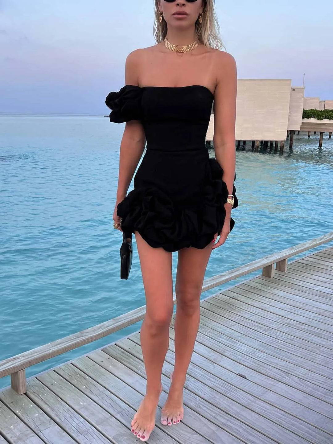 Women's Elegant Ruffle Mini Cocktail Dress with Floral Applique