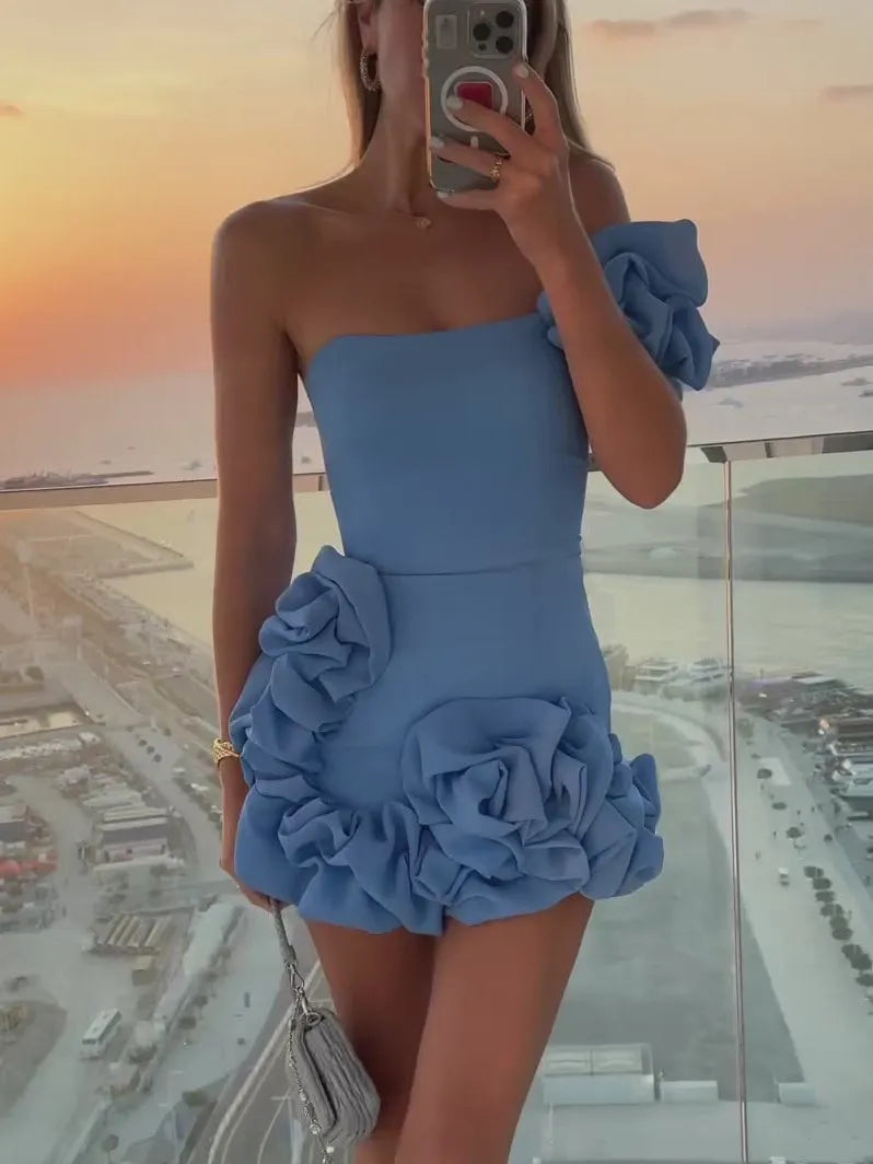 Women's Elegant Ruffle Mini Cocktail Dress with Floral Applique