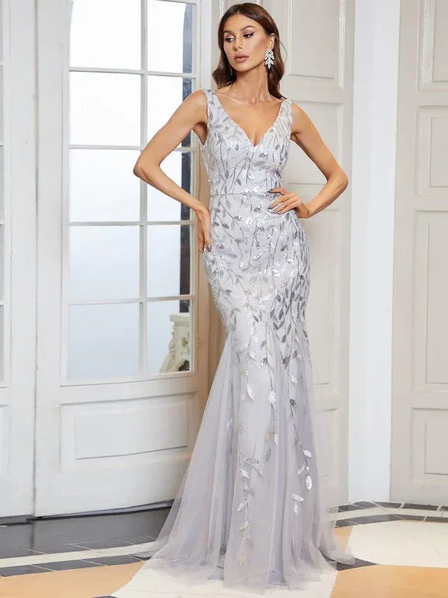 Women's Elegant Sequin Maxi Wedding Guest Dress with V-Neck