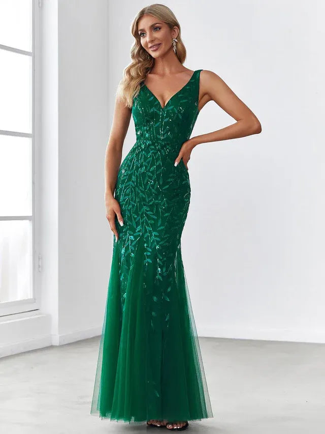 Women's Elegant Sequin Maxi Wedding Guest Dress with V-Neck