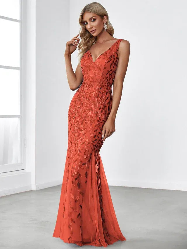 Women's Elegant Sequin Maxi Wedding Guest Dress with V-Neck