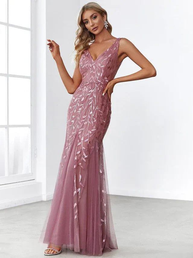 Women's Elegant Sequin Maxi Wedding Guest Dress with V-Neck