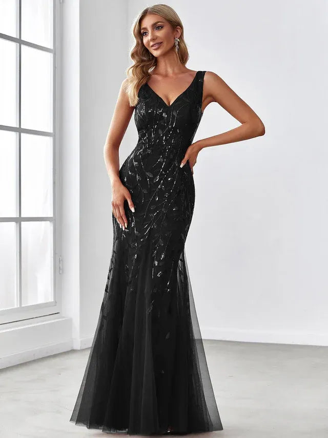 Women's Elegant Sequin Maxi Wedding Guest Dress with V-Neck
