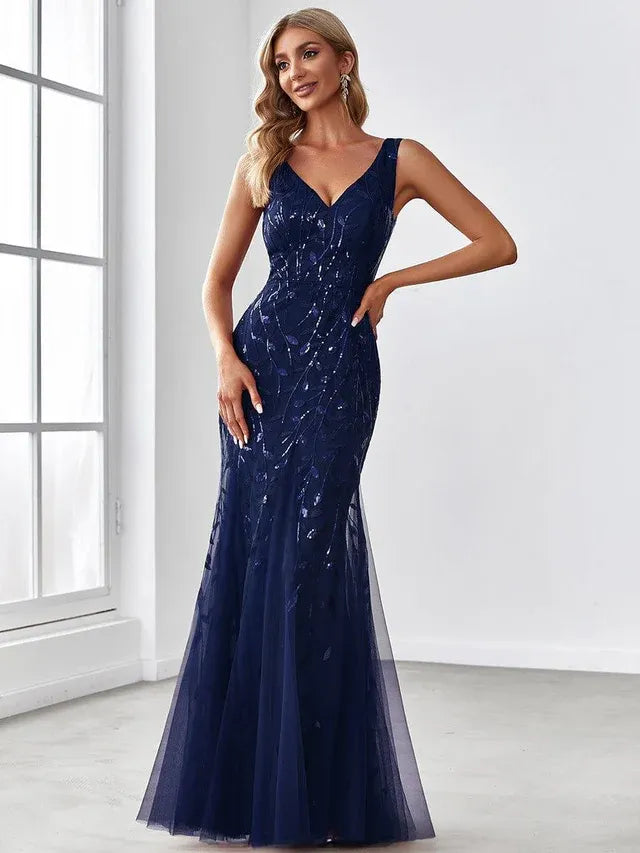 Women's Elegant Sequin Maxi Wedding Guest Dress with V-Neck
