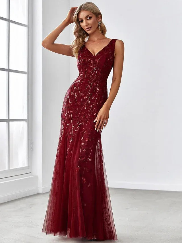 Women's Elegant Sequin Maxi Wedding Guest Dress with V-Neck