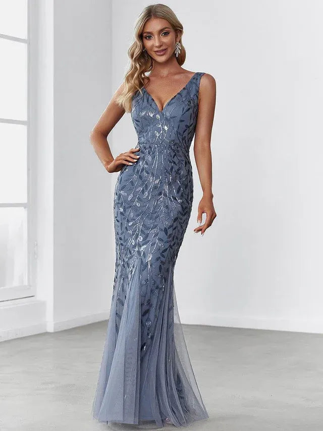 Women's Elegant Sequin Maxi Wedding Guest Dress with V-Neck