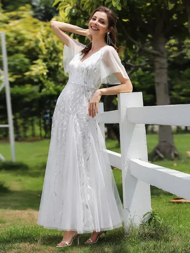 Women's Elegant Sequin Maxi Wedding Guest Dress with V-Neck and Flutter Sleeve