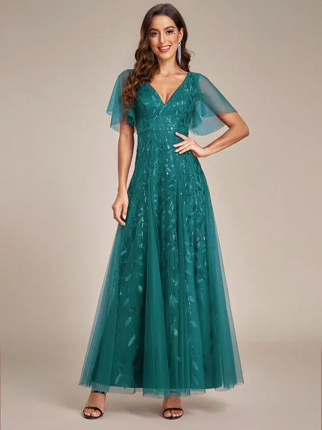 Women's Elegant Sequin Maxi Wedding Guest Dress with V-Neck and Flutter Sleeve