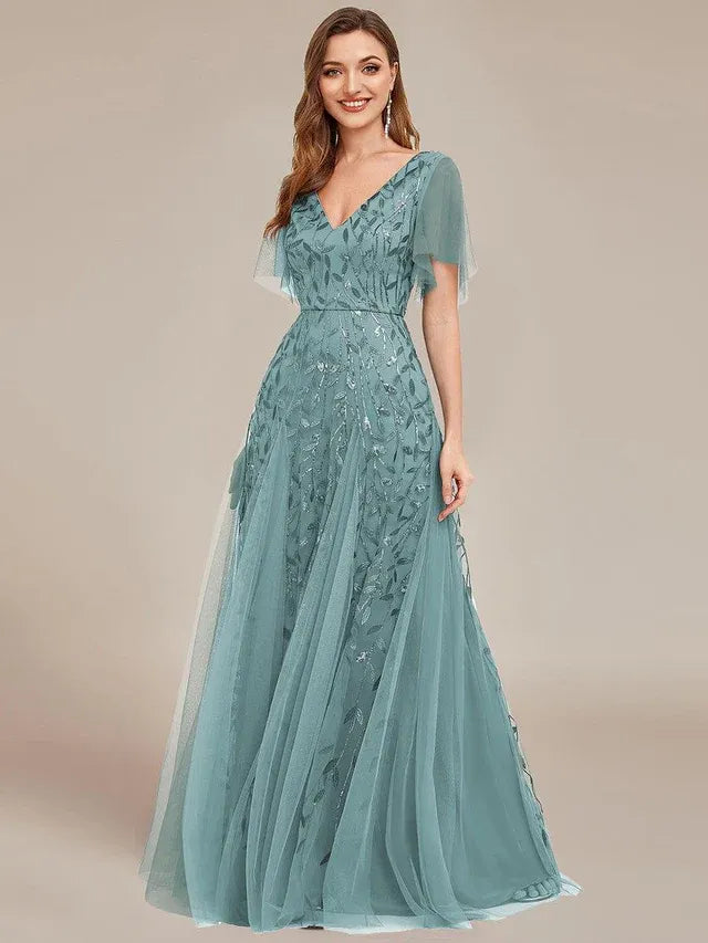 Women's Elegant Sequin Maxi Wedding Guest Dress with V-Neck and Flutter Sleeve
