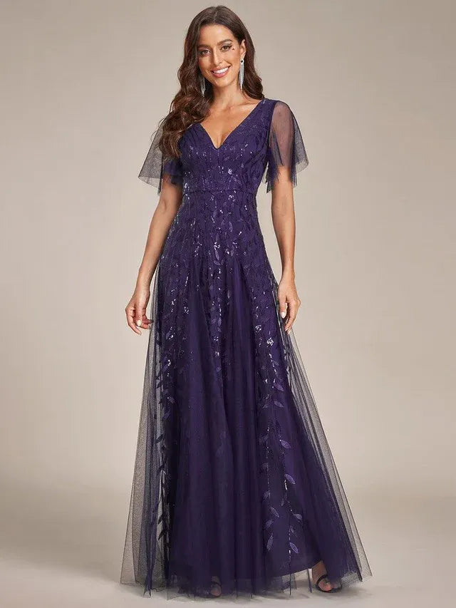 Women's Elegant Sequin Maxi Wedding Guest Dress with V-Neck and Flutter Sleeve