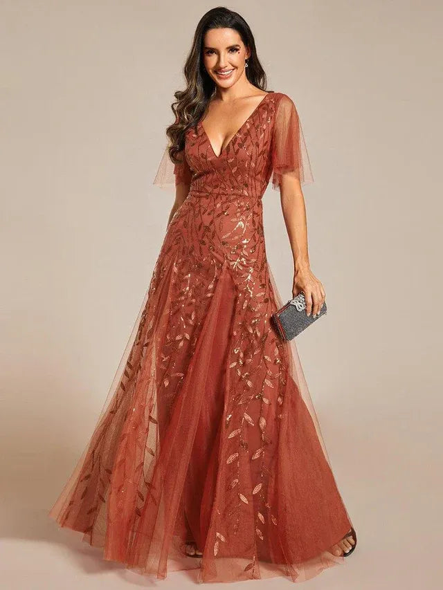 Women's Elegant Sequin Maxi Wedding Guest Dress with V-Neck and Flutter Sleeve