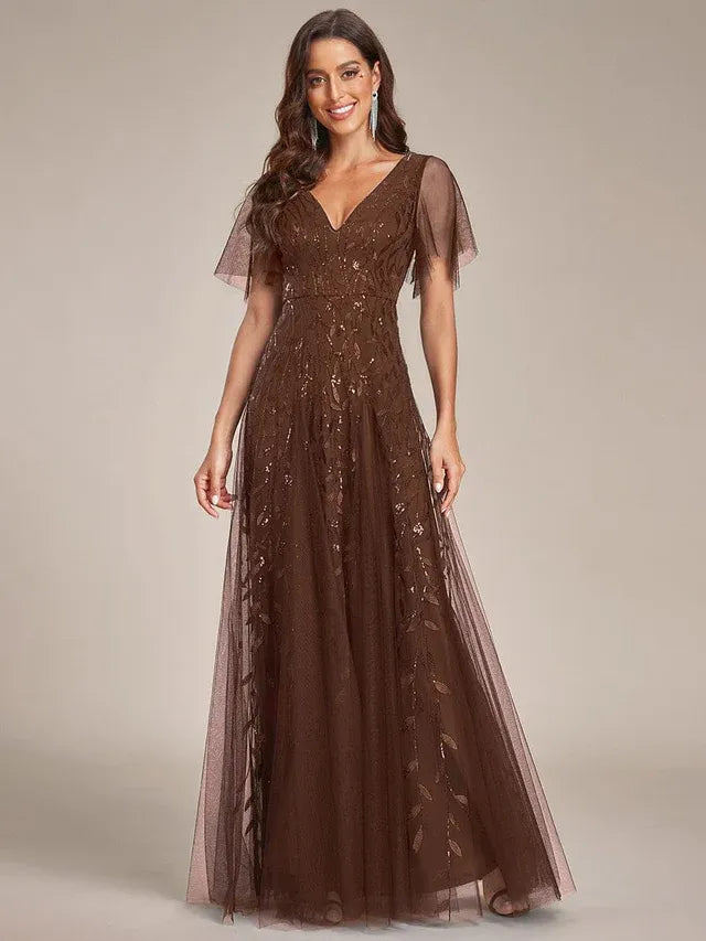 Women's Elegant Sequin Maxi Wedding Guest Dress with V-Neck and Flutter Sleeve