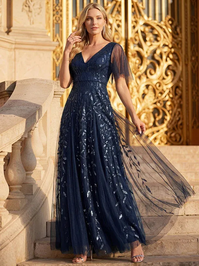 Women's Elegant Sequin Maxi Wedding Guest Dress with V-Neck and Flutter Sleeve