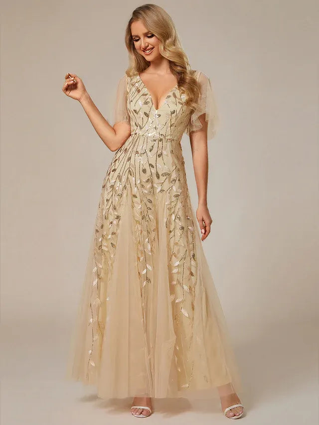 Women's Elegant Sequin Maxi Wedding Guest Dress with V-Neck and Flutter Sleeve