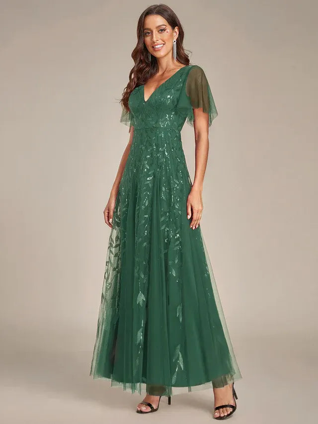 Women's Elegant Sequin Maxi Wedding Guest Dress with V-Neck and Flutter Sleeve