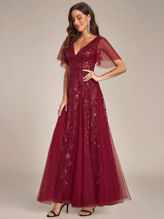 Women's Elegant Sequin Maxi Wedding Guest Dress with V-Neck and Flutter Sleeve