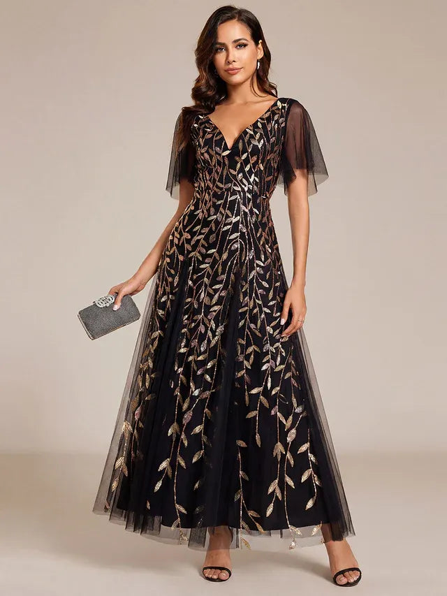 Women's Elegant Sequin Maxi Wedding Guest Dress with V-Neck and Flutter Sleeve