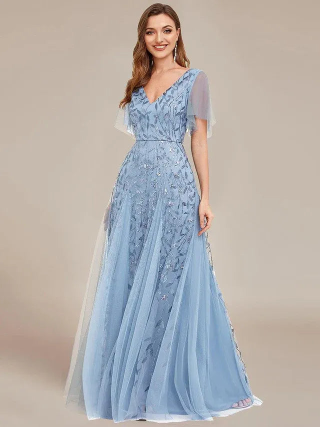 Women's Elegant Sequin Maxi Wedding Guest Dress with V-Neck and Flutter Sleeve