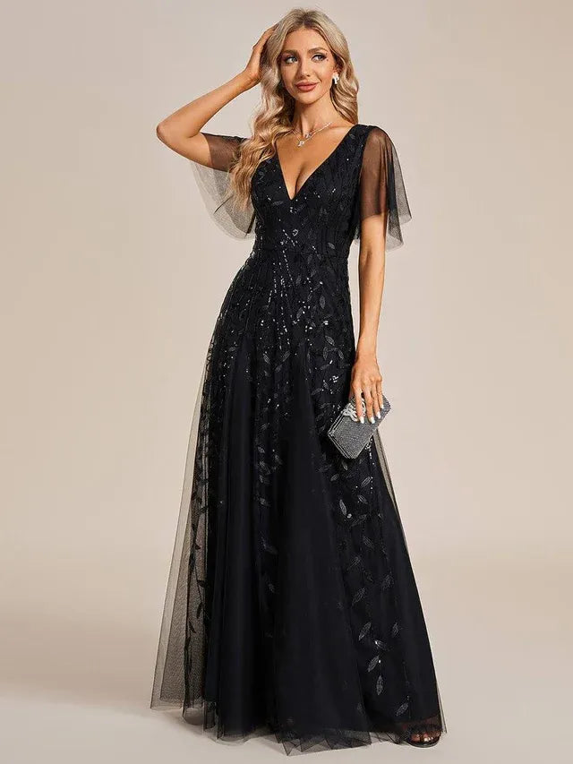Women's Elegant Sequin Maxi Wedding Guest Dress with V-Neck and Flutter Sleeve