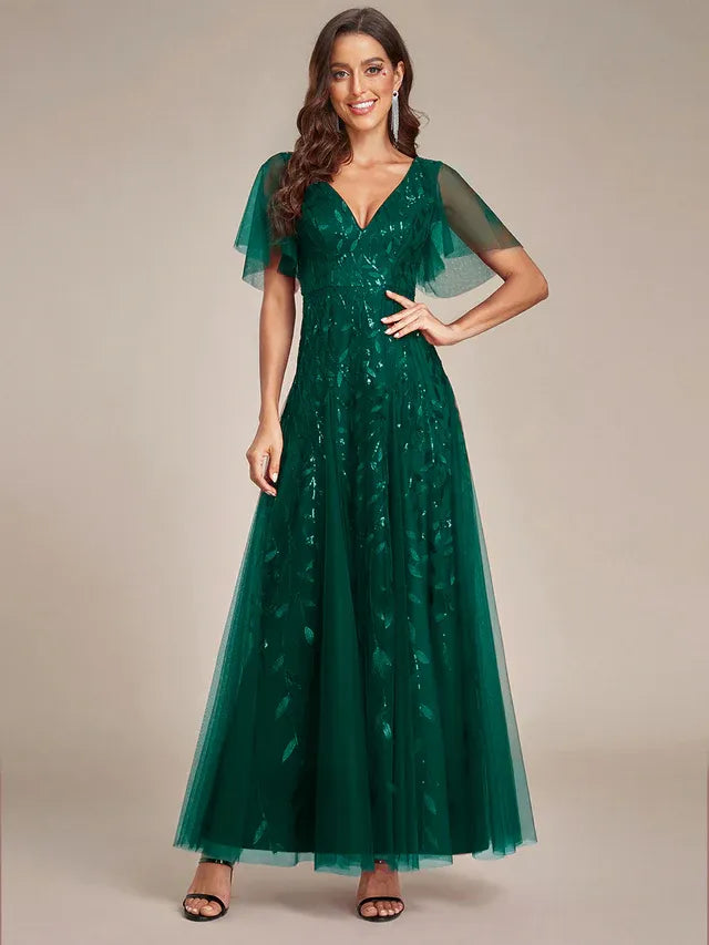 Women's Elegant Sequin Maxi Wedding Guest Dress with V-Neck and Flutter Sleeve