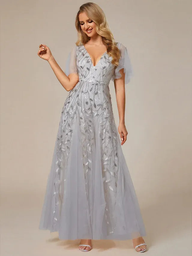Women's Elegant Sequin Maxi Wedding Guest Dress with V-Neck and Flutter Sleeve