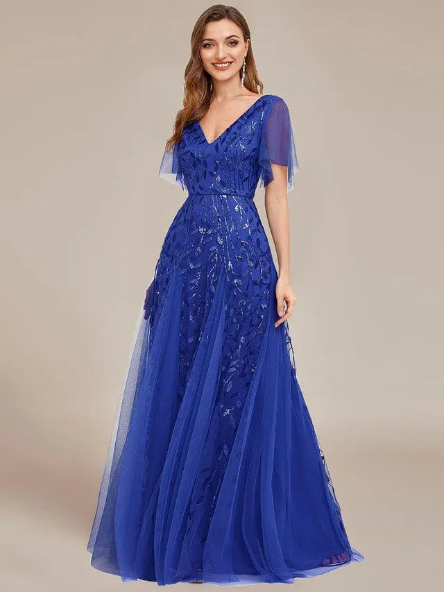 Women's Elegant Sequin Maxi Wedding Guest Dress with V-Neck and Flutter Sleeve