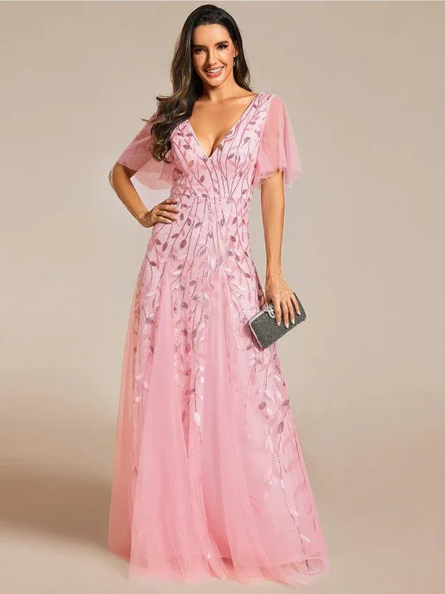 Women's Elegant Sequin Maxi Wedding Guest Dress with V-Neck and Flutter Sleeve