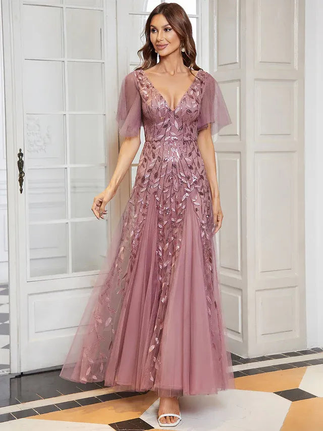 Women's Elegant Sequin Maxi Wedding Guest Dress with V-Neck and Flutter Sleeve