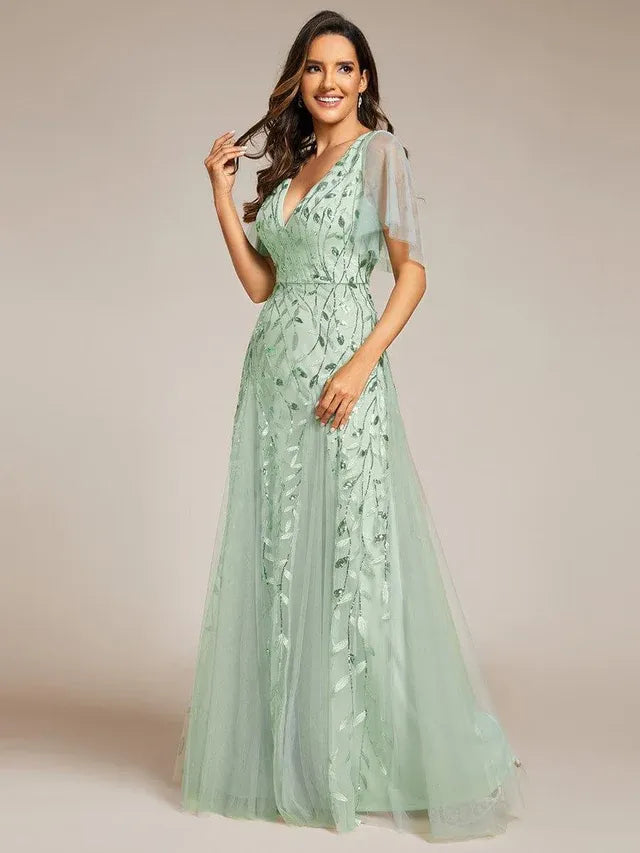 Women's Elegant Sequin Maxi Wedding Guest Dress with V-Neck and Flutter Sleeve