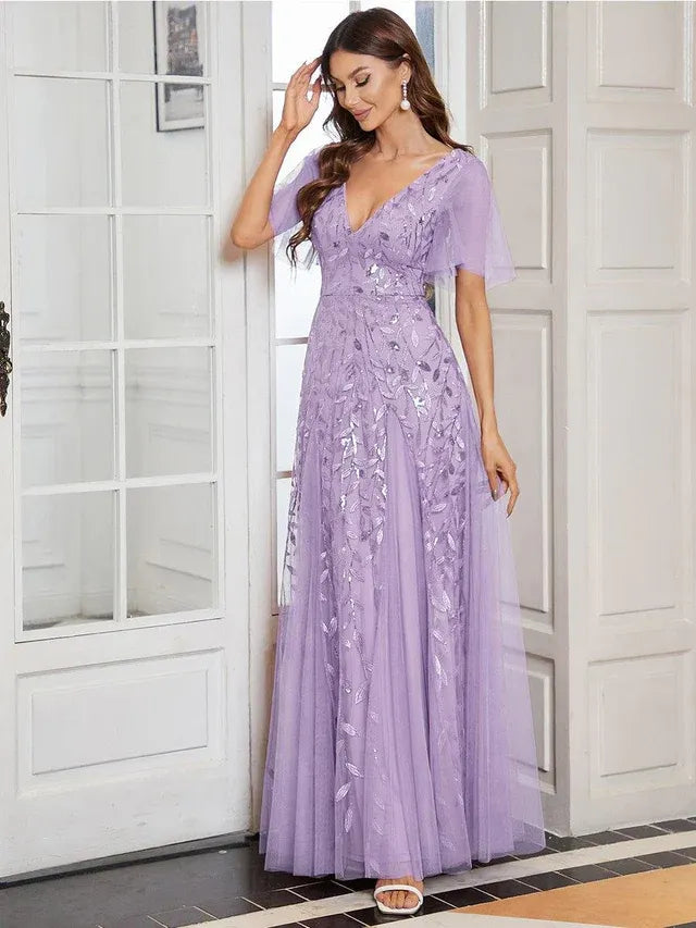 Women's Elegant Sequin Maxi Wedding Guest Dress with V-Neck and Flutter Sleeve