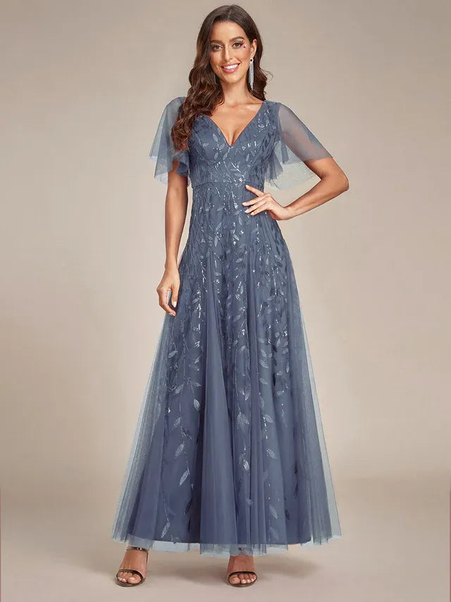 Women's Elegant Sequin Maxi Wedding Guest Dress with V-Neck and Flutter Sleeve