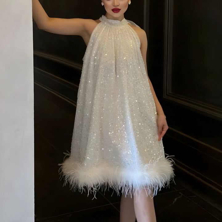 Women's Elegant Sequin Mini Cocktail Dress with Feather Trim