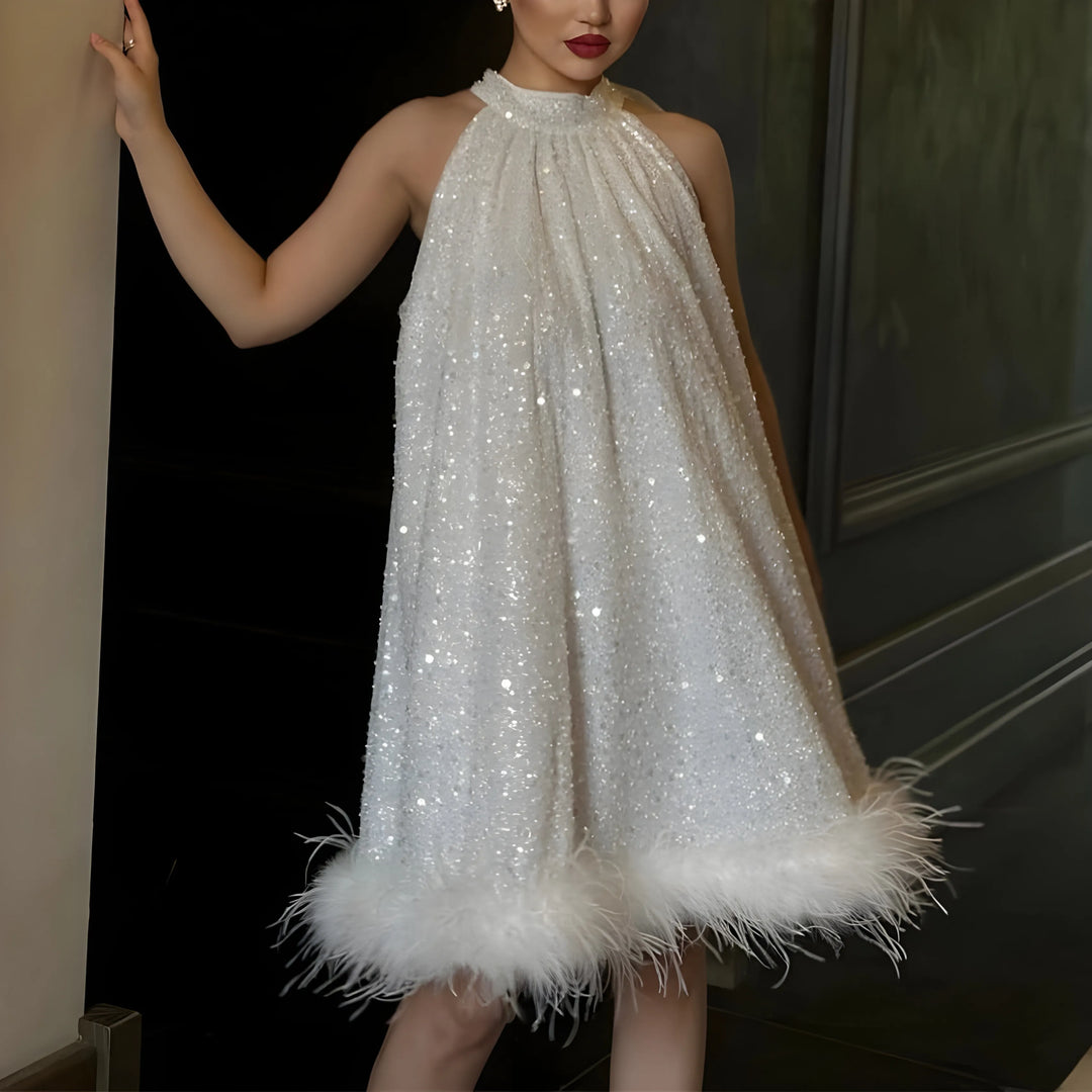 Women's Elegant Sequin Mini Cocktail Dress with Feather Trim