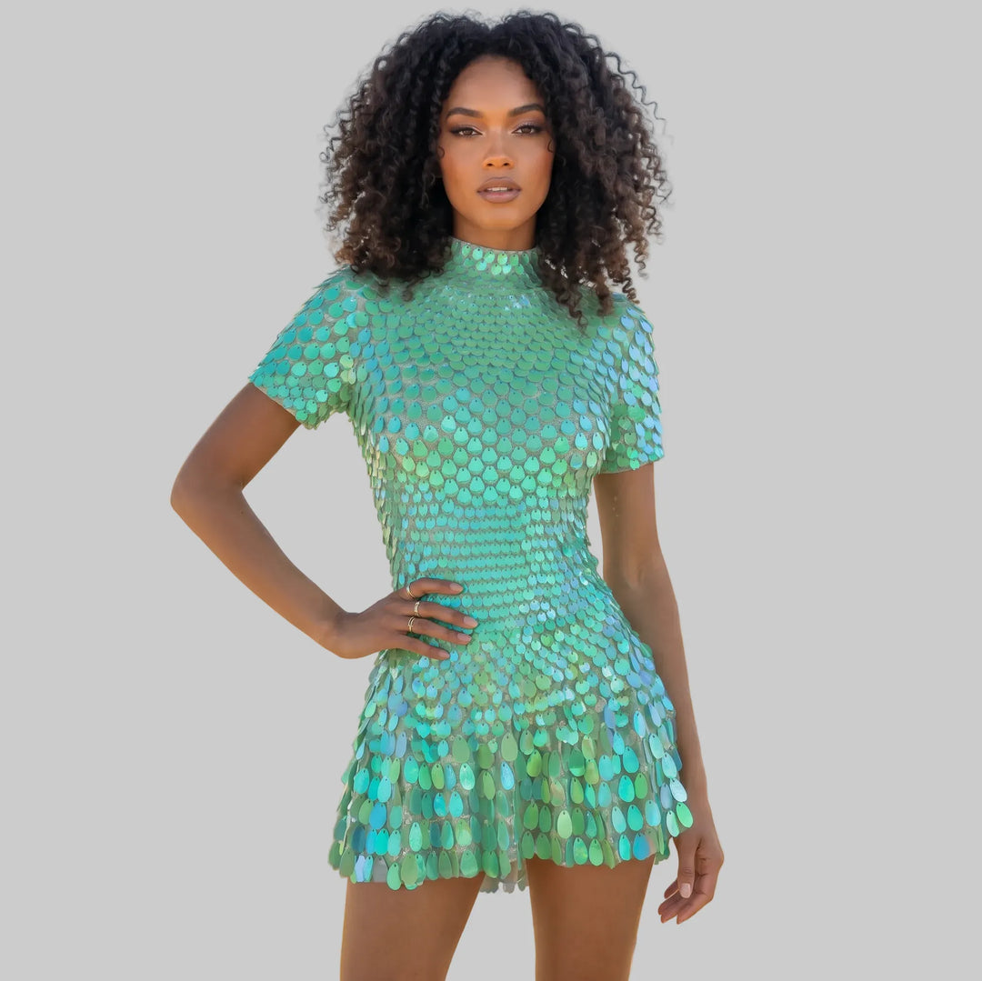 Women's Elegant Sequin Mini Cocktail Dress with High Neck