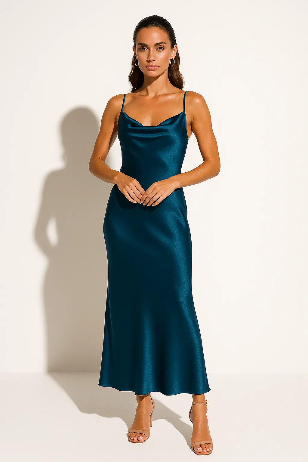 Women's Elegant Sleeveless Maxi Wedding Guest Dress with Cowl Neckline