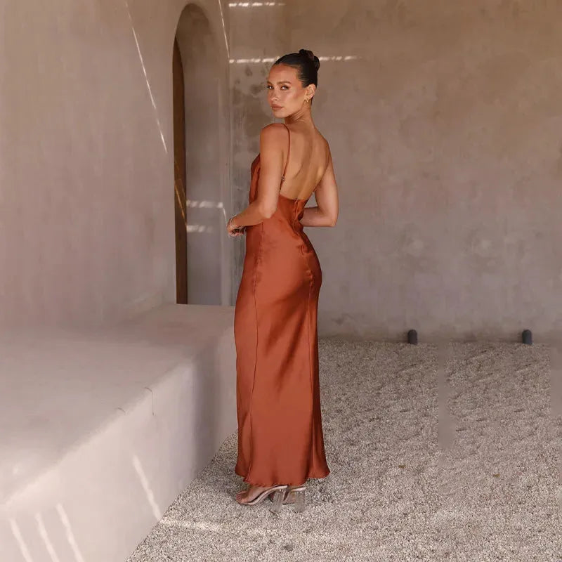 Women's Elegant Sleeveless Maxi Wedding Guest Dress with Open Back