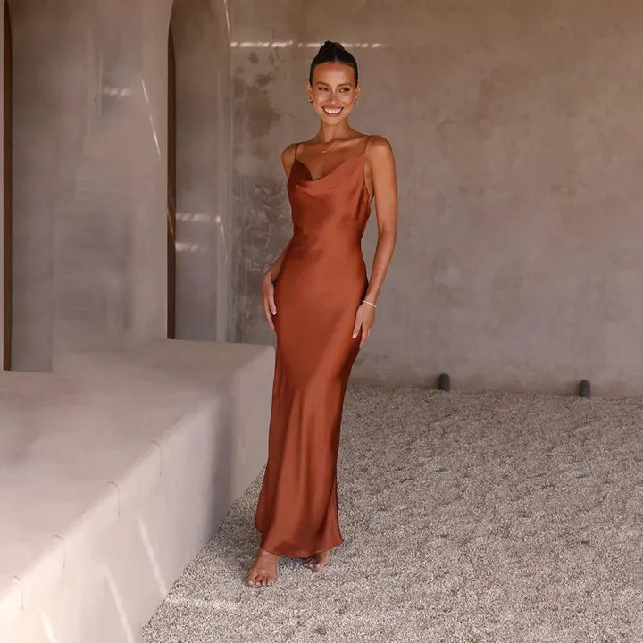 Women's Elegant Sleeveless Maxi Wedding Guest Dress with Open Back