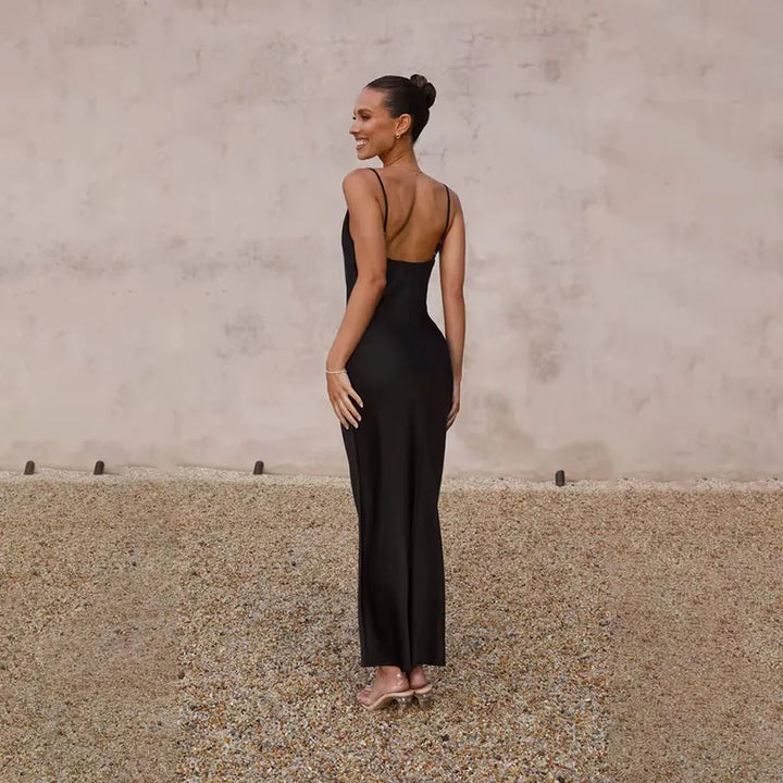 Women's Elegant Sleeveless Maxi Wedding Guest Dress with Open Back