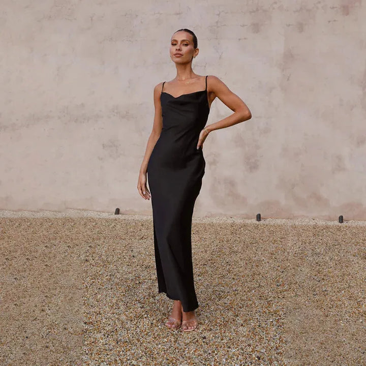 Women's Elegant Sleeveless Maxi Wedding Guest Dress with Open Back