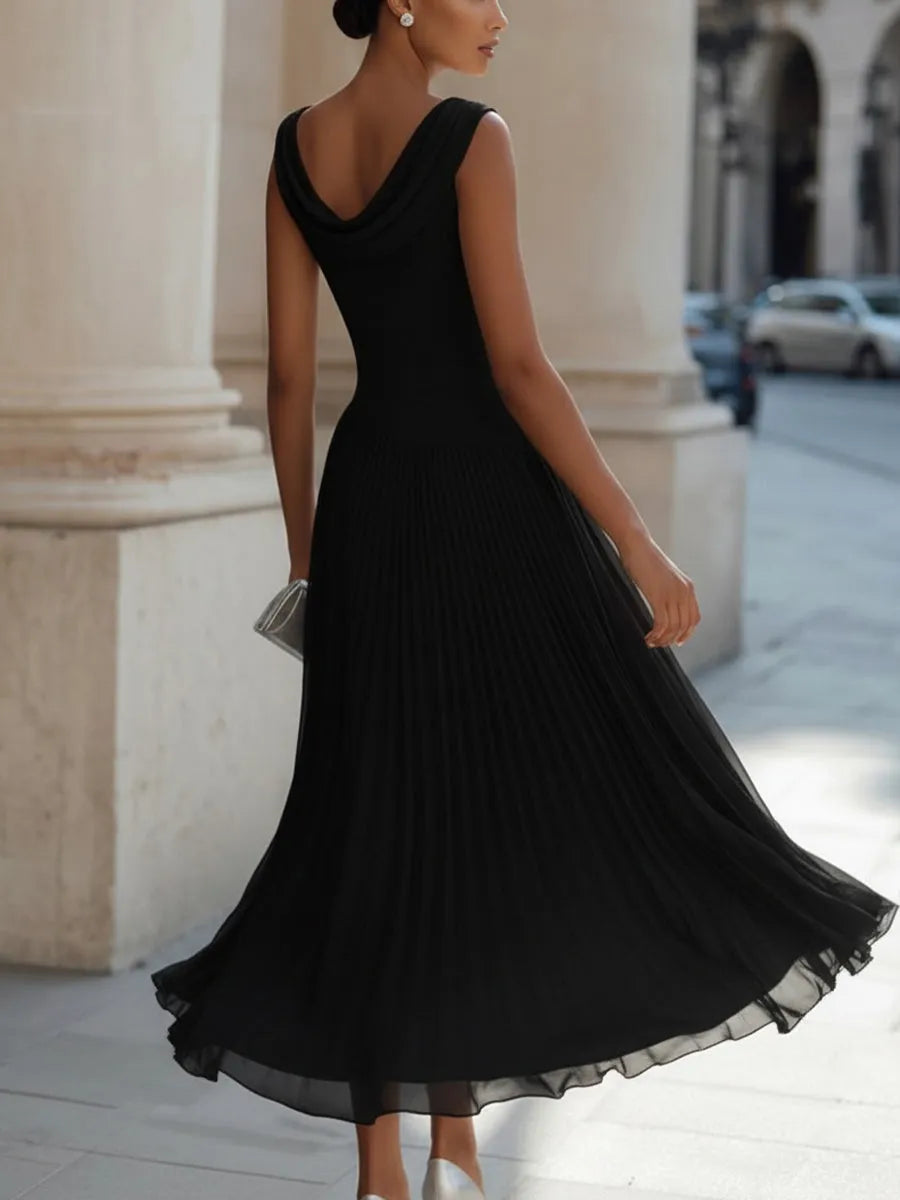 Women's Elegant Sleeveless Midi Wedding Guest Dress with Draped Neckline