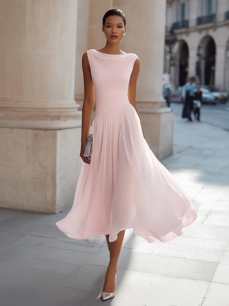 Women's Elegant Sleeveless Midi Wedding Guest Dress with Draped Neckline