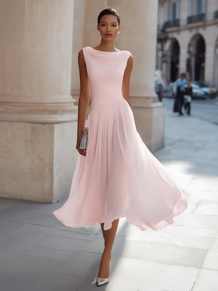 Women's Elegant Sleeveless Midi Wedding Guest Dress with Draped Neckline